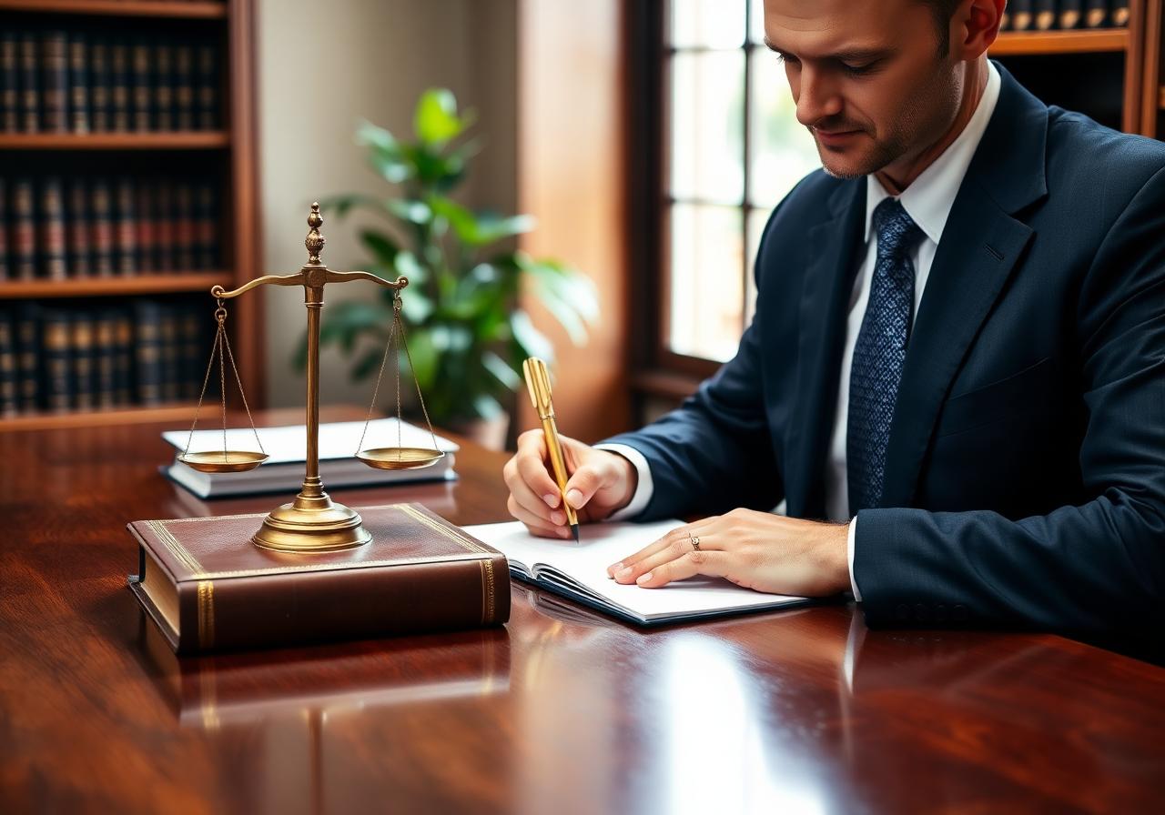 Attorney at desk with scales of justice and legal books
