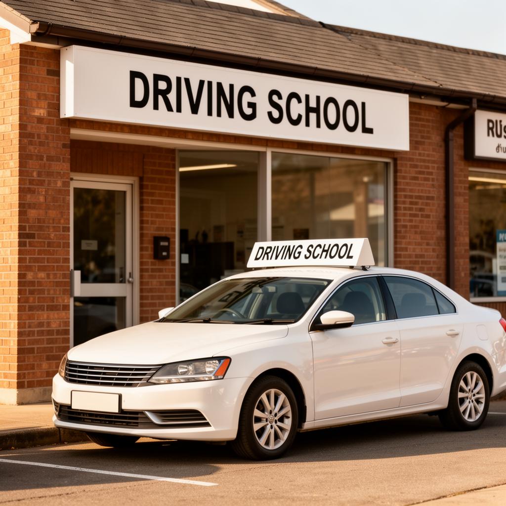 Driving school storefront with training car
