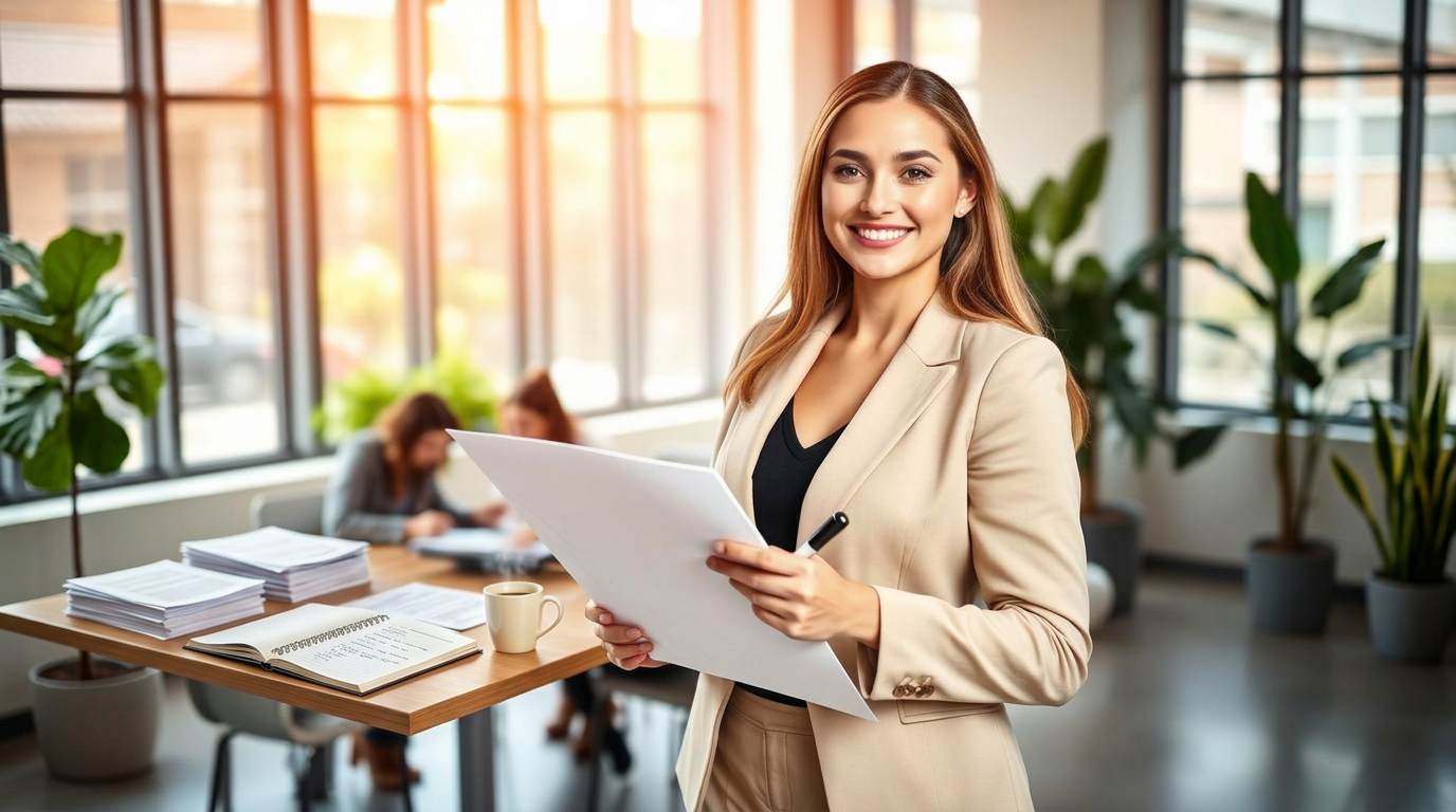 Professional in a modern office holding a paper report