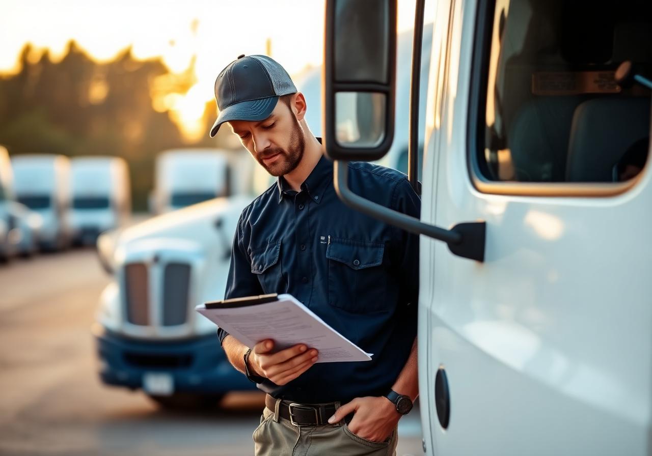 Fleet truck driver inspecting a paper checklist beside a semi-truck