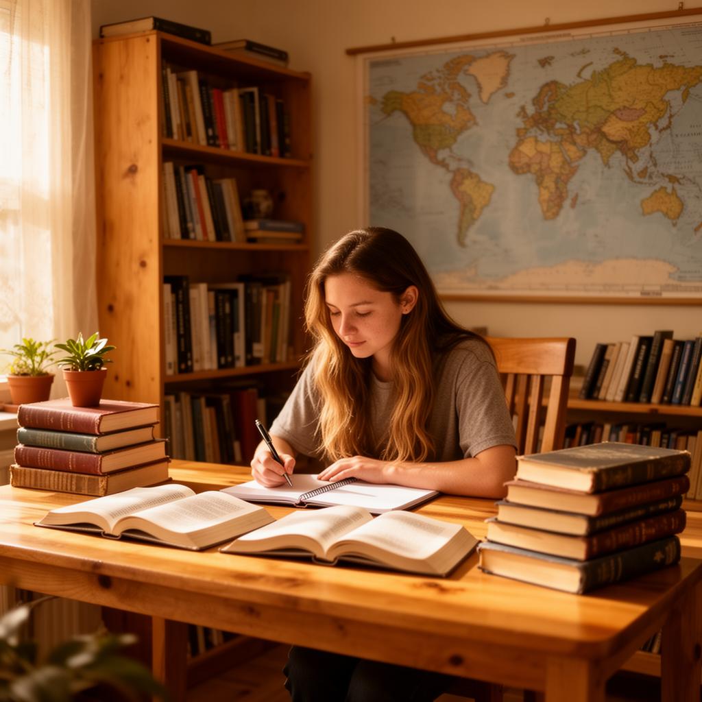 Young adult studying with books at a home desk