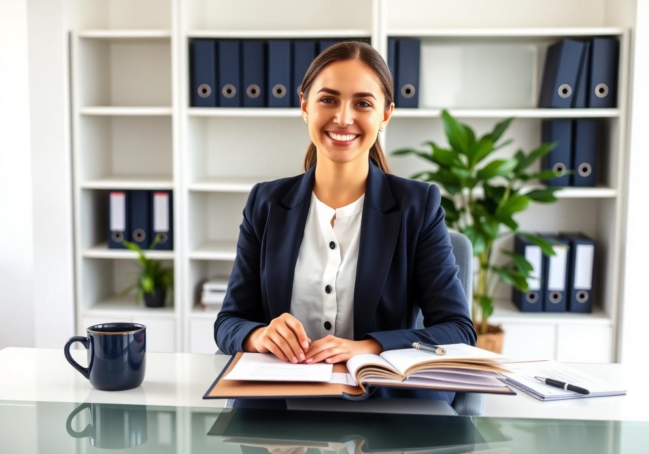 Insurance agent at office desk with documents and notebook