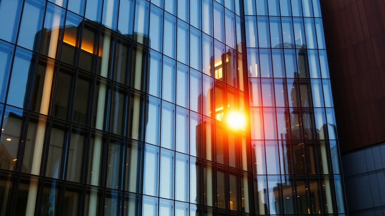 Modern glass office building at golden hour