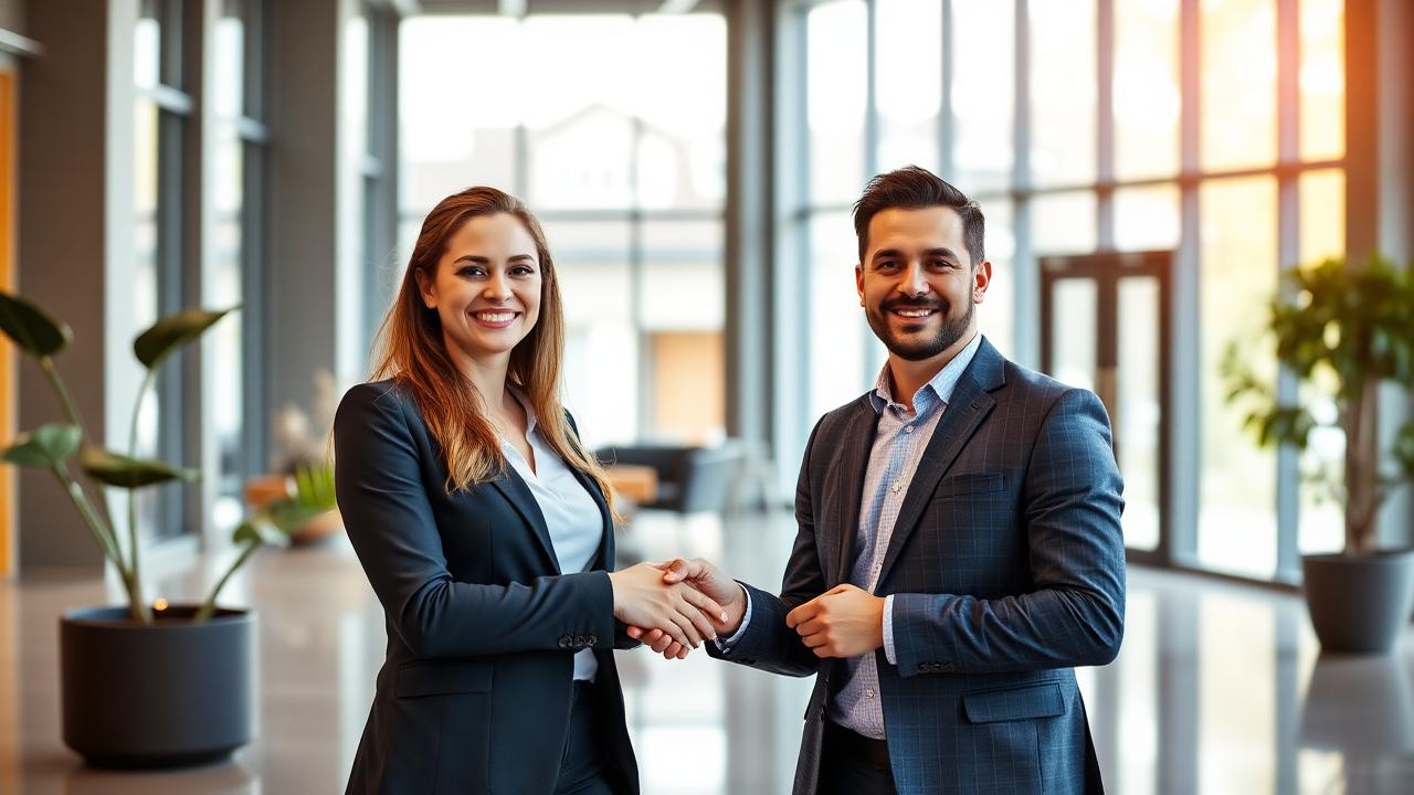 Business professionals shaking hands in a modern office