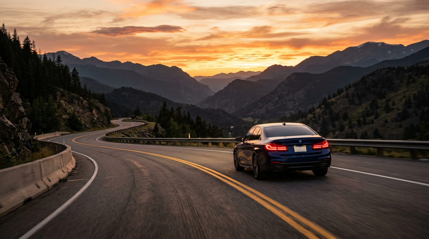 Modern sedan driving on a mountain highway at sunset