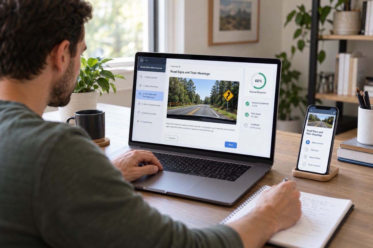 A learner taking an online driver education course on a laptop with a phone beside it