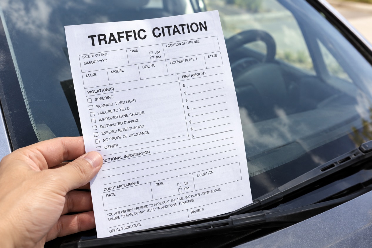 A traffic citation held in front of a car windshield